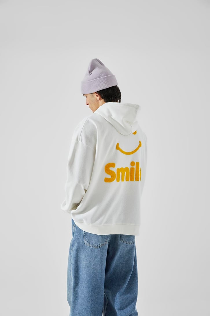Smile Baskılı Beyaz Oversize Hoodie