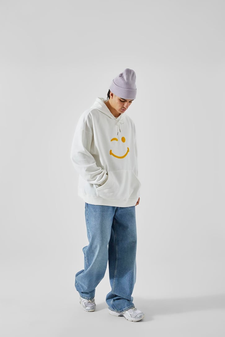 Smile Baskılı Beyaz Oversize Hoodie