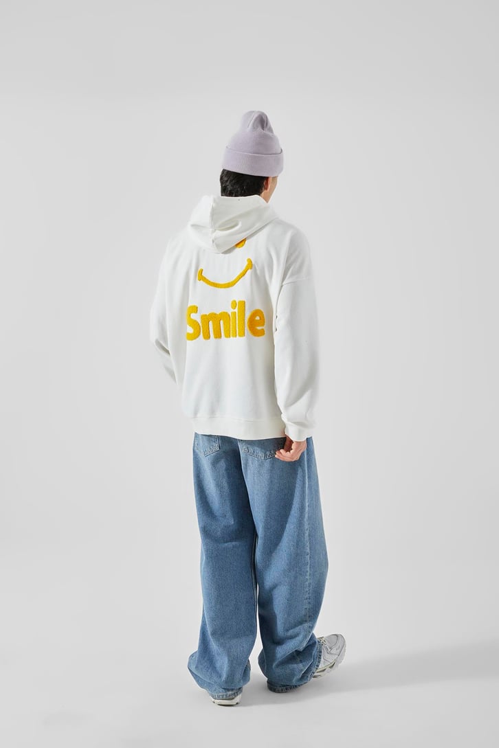 Smile Baskılı Beyaz Oversize Hoodie