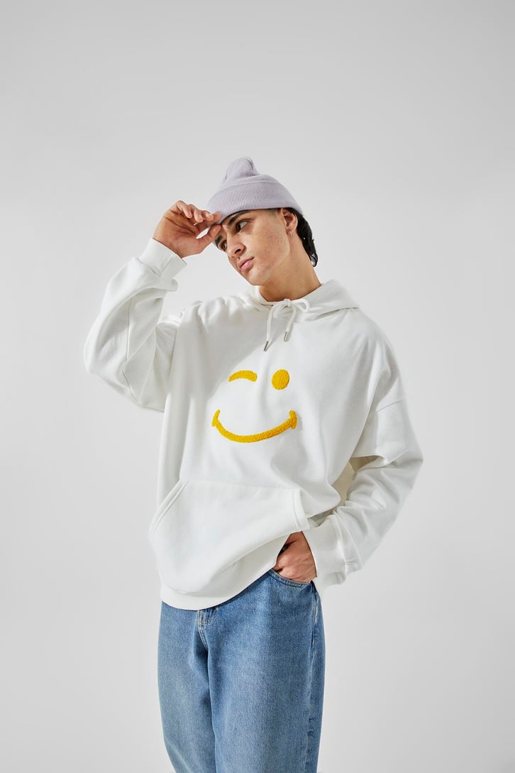 Smile Baskılı Beyaz Oversize Hoodie