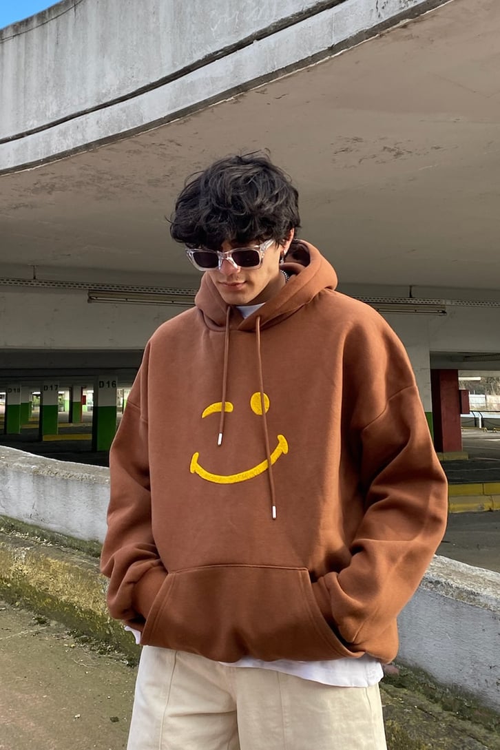 Smile Punchwork Kahverengi Oversize Hoodie