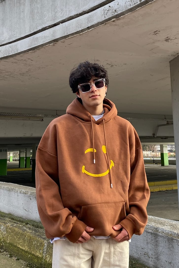 Smile Punchwork Kahverengi Oversize Hoodie