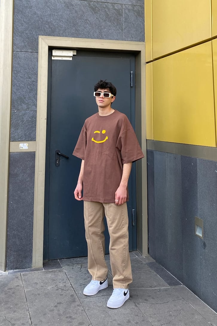 Smile Punchwork Oversize Pastel Kahve Tshirt