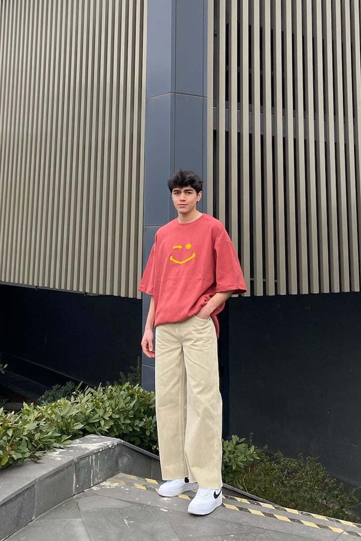 Smile Punchwork Oversize Pembe Tshirt