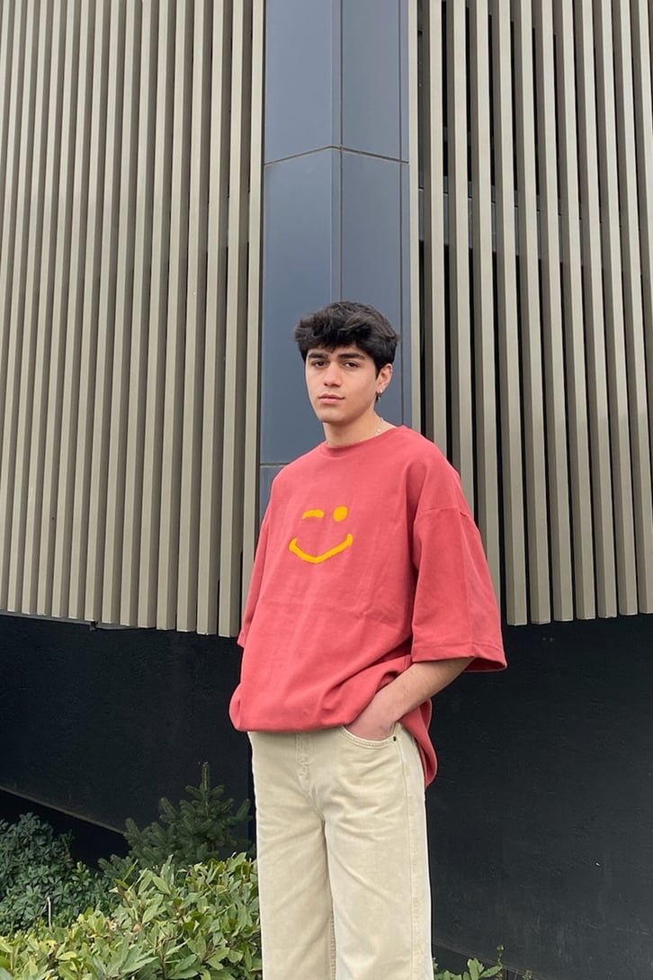 Smile Punchwork Oversize Pembe Tshirt