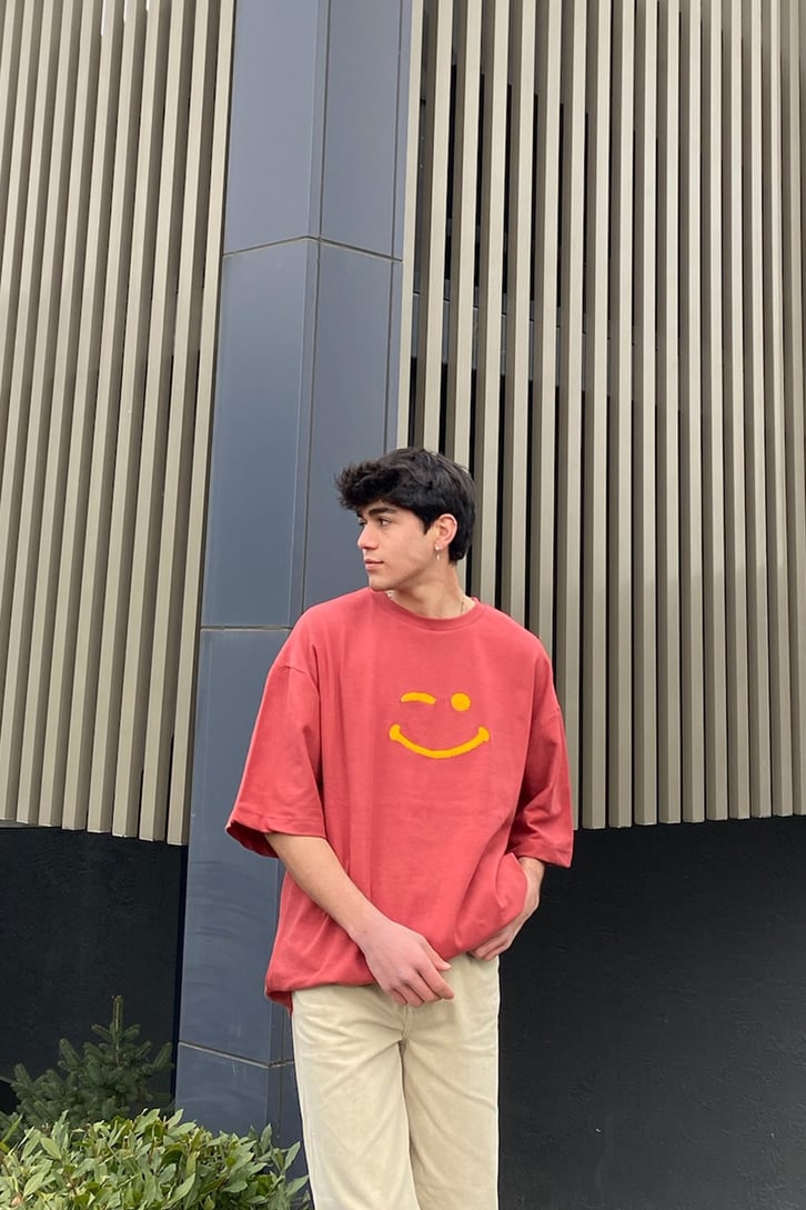 Smile Punchwork Oversize Pembe Tshirt