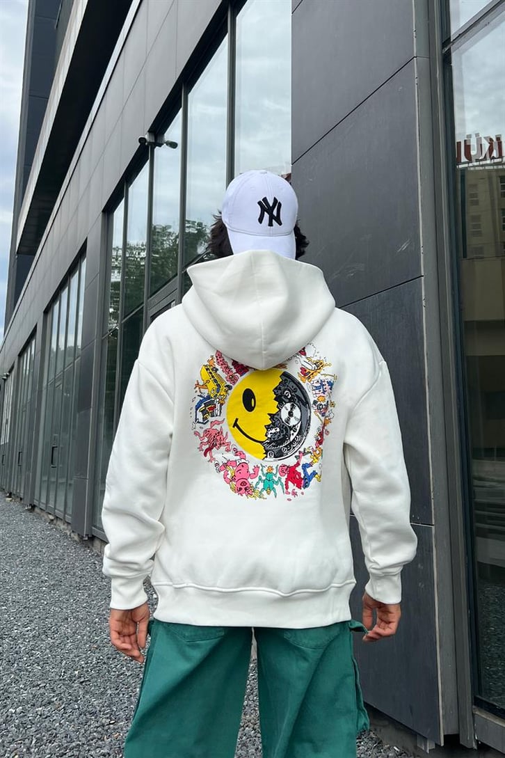 Smile Sırt Baskılı Beyaz Oversize Hoodie