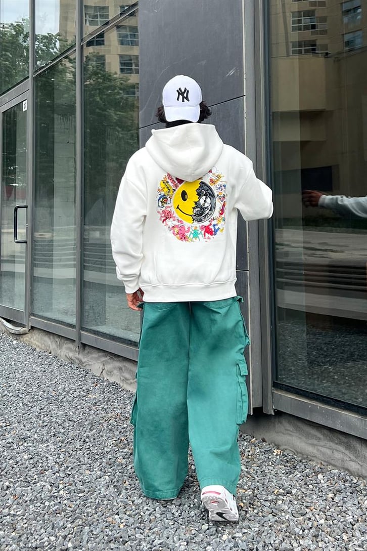 Smile Sırt Baskılı Beyaz Oversize Hoodie