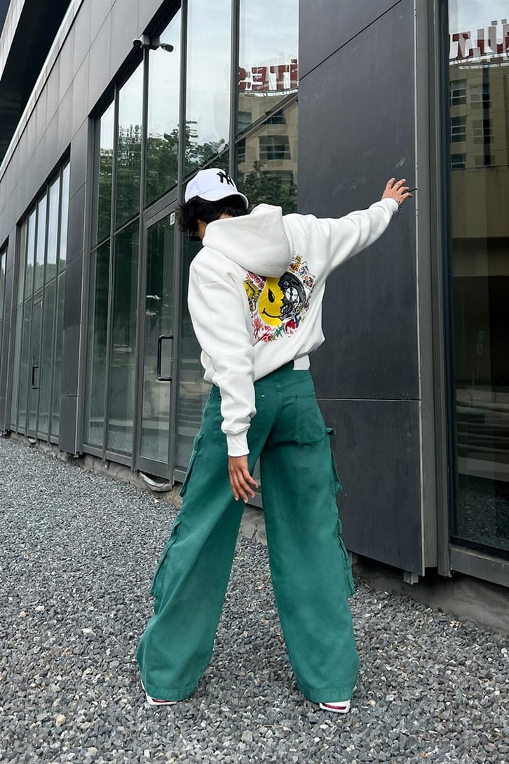 Smile Sırt Baskılı Beyaz Oversize Hoodie