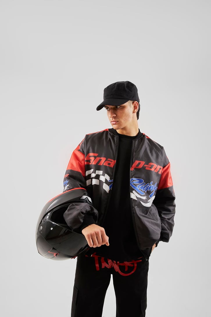 Snap On Racing Baskılı Siyah Oversize
