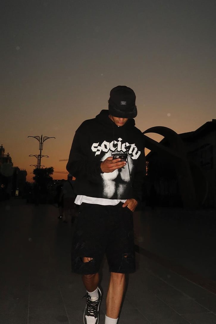 Society Baskılı Siyah İçi Pamuklu Oversize Hoodie