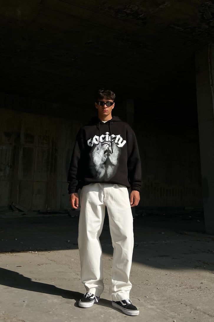 Society Baskılı Siyah Oversize Sweatshirt