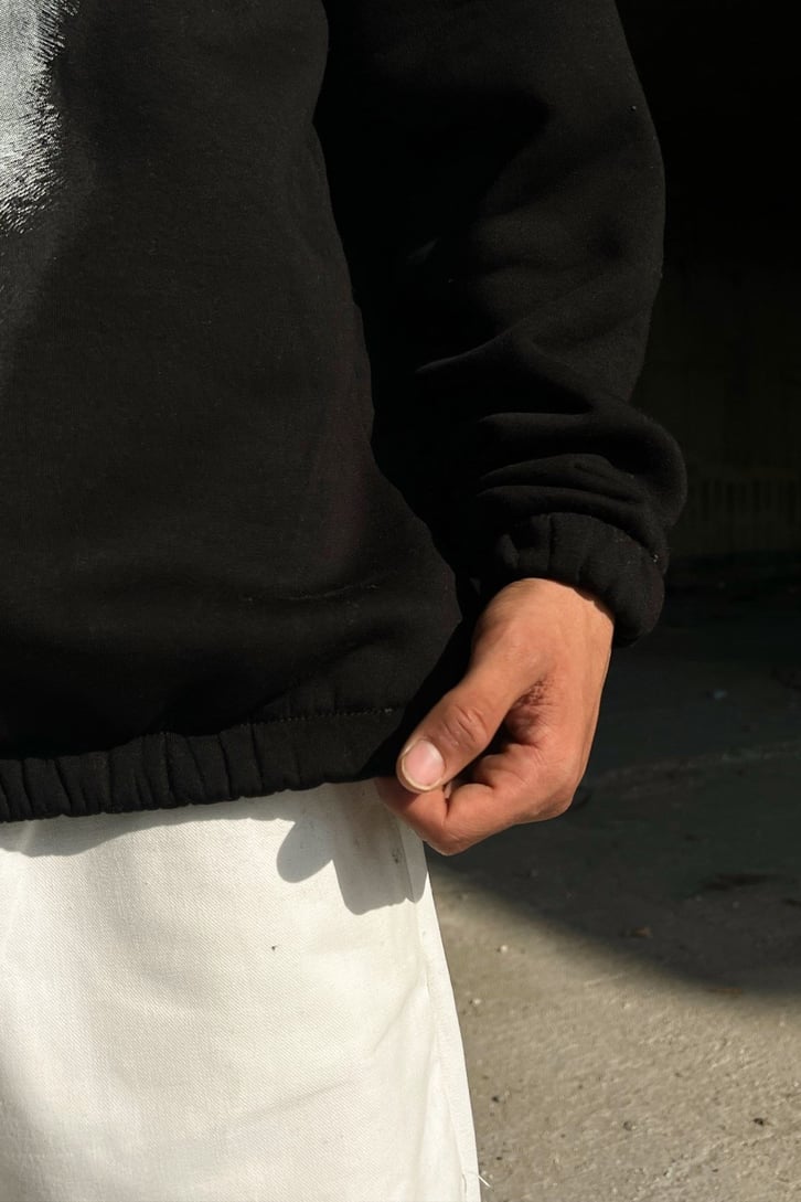 Society Baskılı Siyah Oversize Sweatshirt