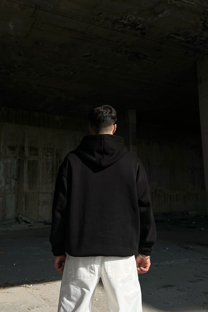 Society Baskılı Siyah Oversize Sweatshirt