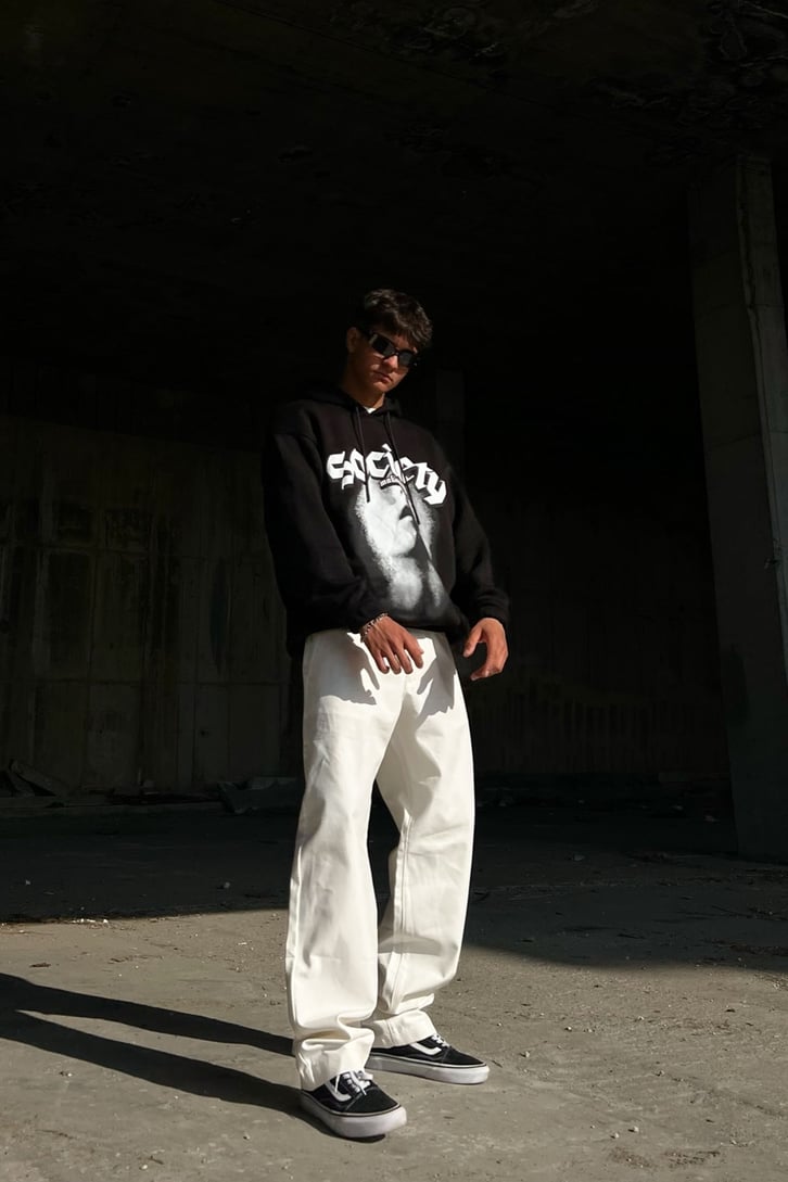 Society Baskılı Siyah Oversize Sweatshirt