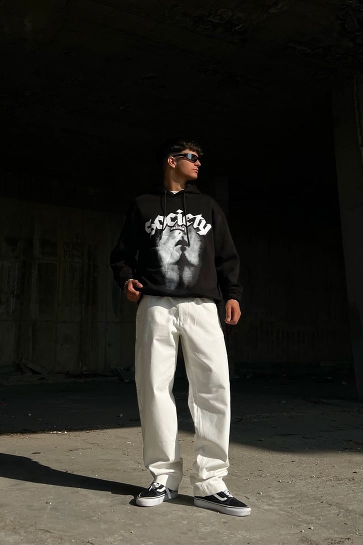 Society Baskılı Siyah Oversize Sweatshirt
