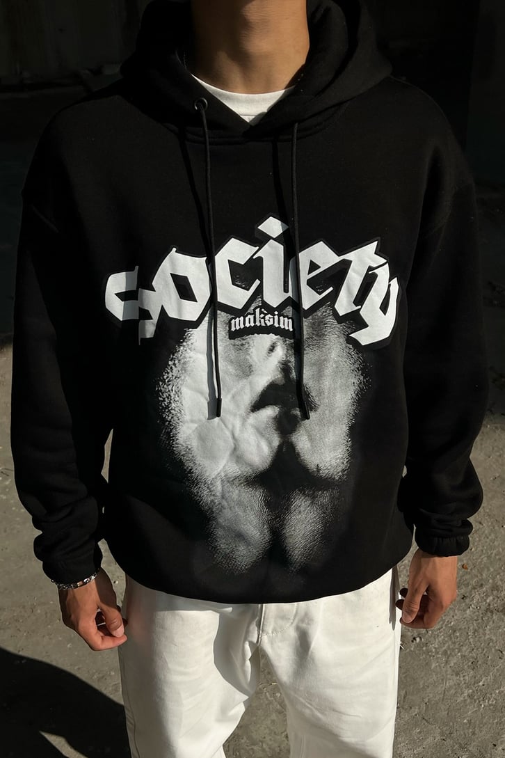 Society Baskılı Siyah Oversize Sweatshirt