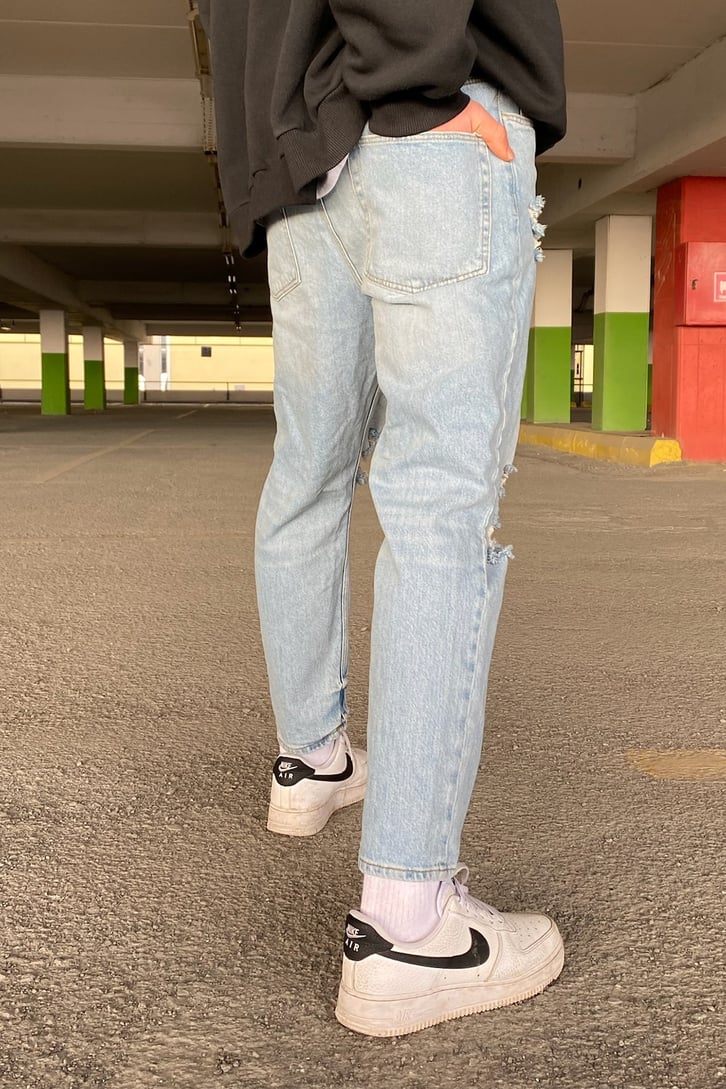 Soft Blue Distressed Mom Fit Jean