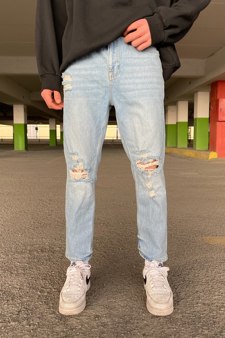 Soft Blue Distressed Mom Fit Jean