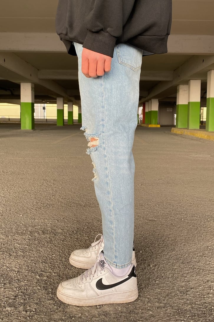 Soft Blue Distressed Mom Fit Jean