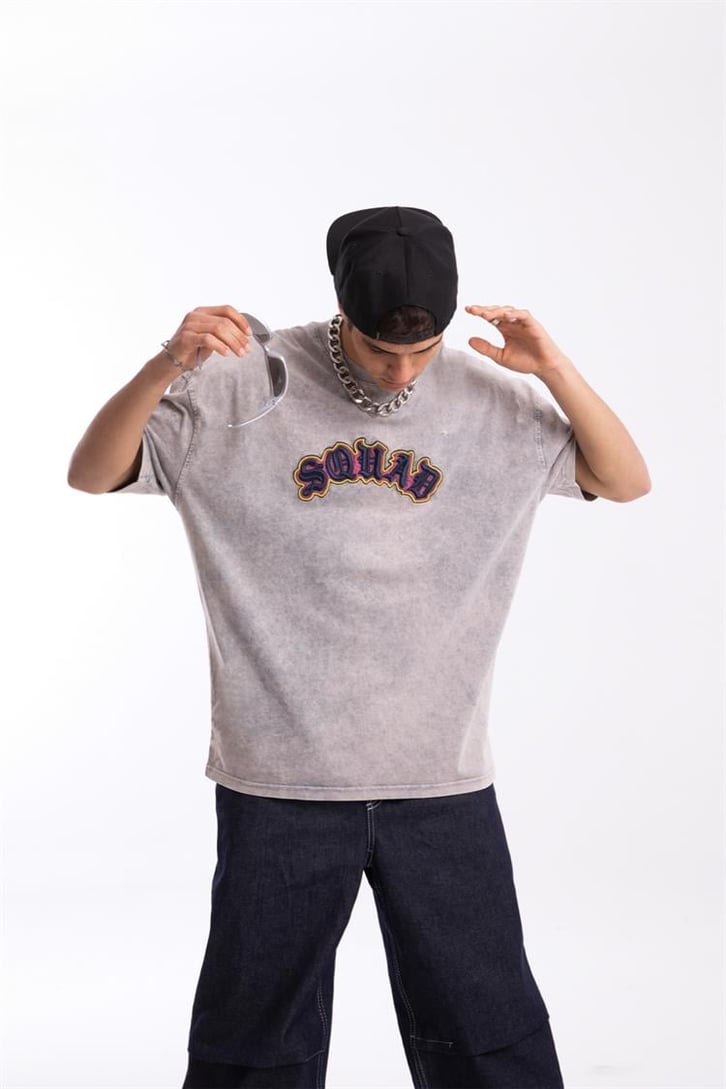 Sohab Nakışlı Acid Wash Oversize Tshirt