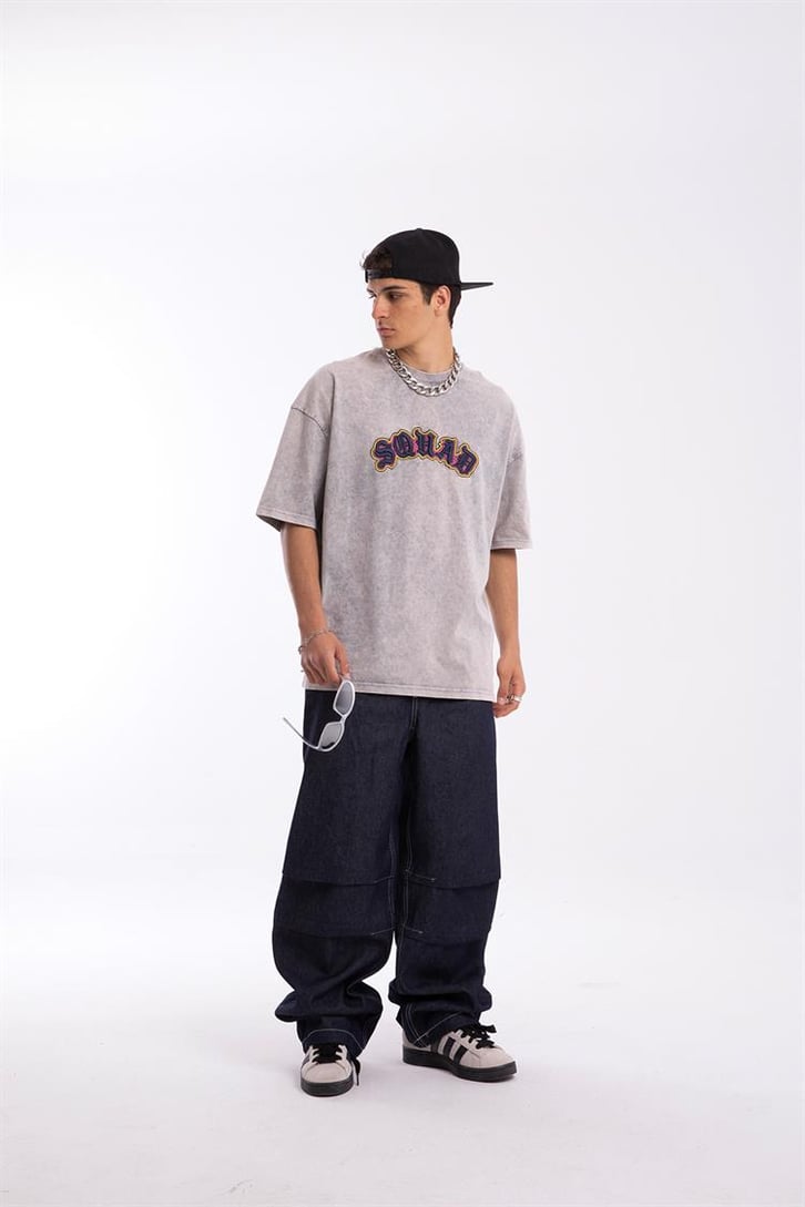 Sohab Nakışlı Acid Wash Oversize Tshirt