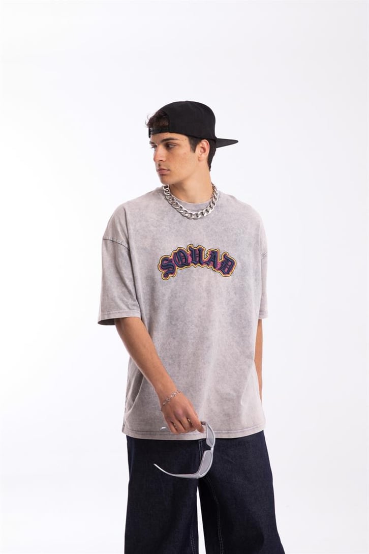 Sohab Nakışlı Acid Wash Oversize Tshirt