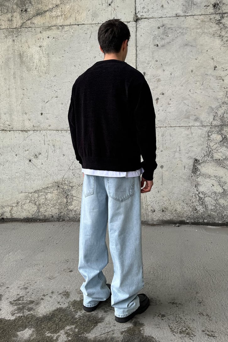 Soldurma Detaylı Buz Mavi Baggy Jean