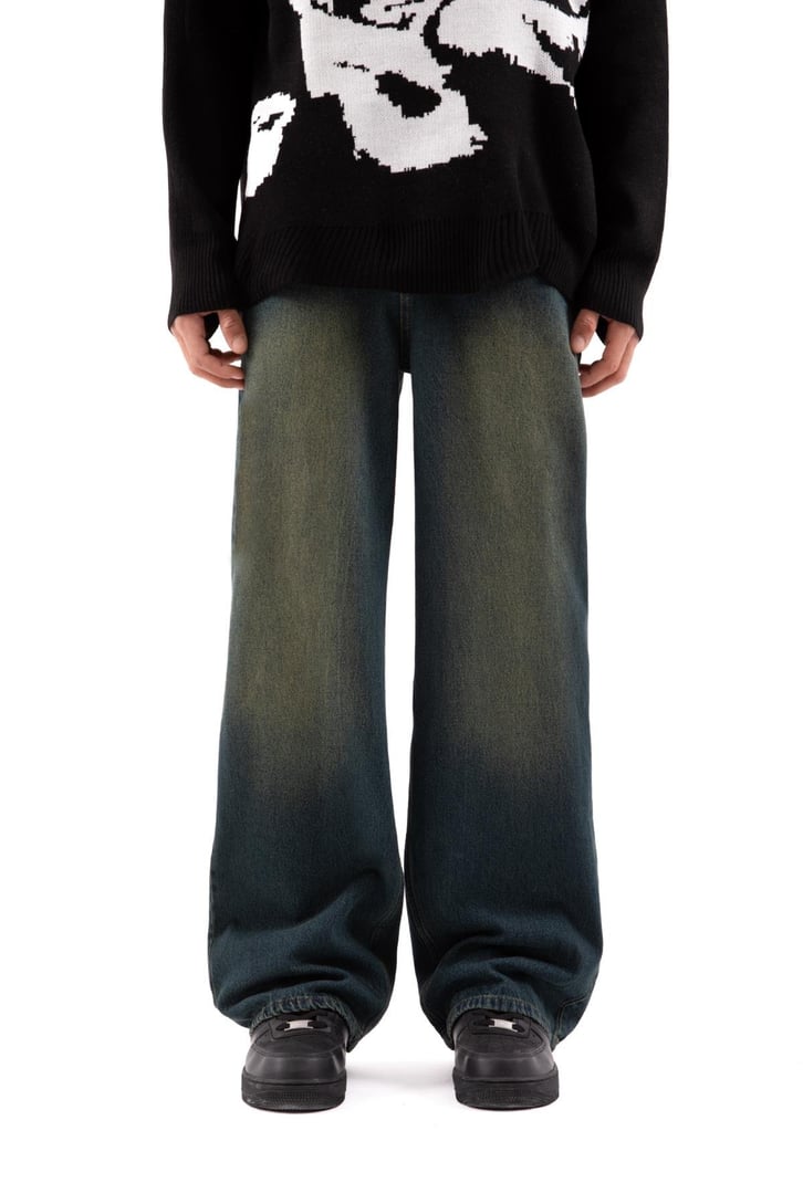 Soluk Efektli Yeşil Baggy Jean