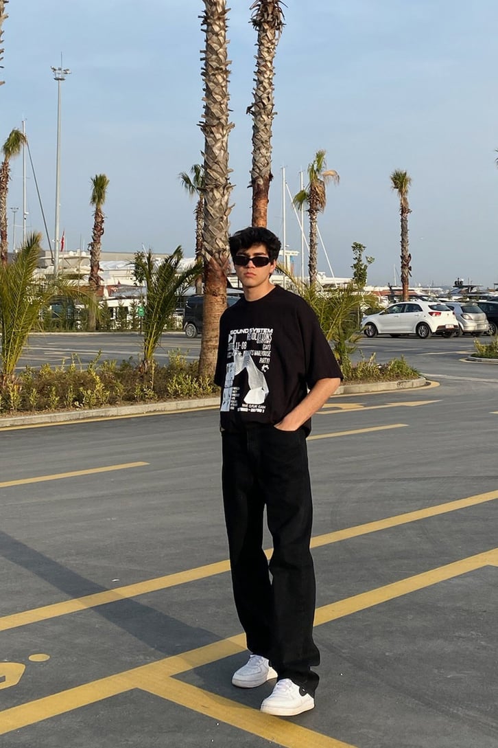 Sound System Baskılı Oversize Siyah Tshirt