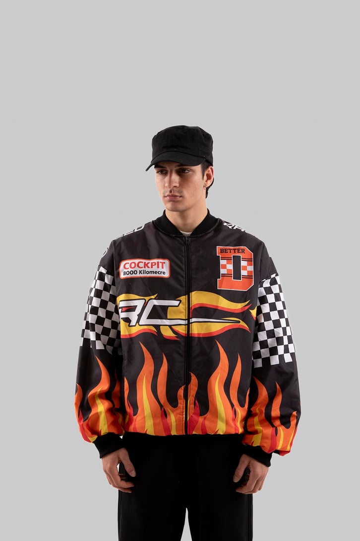 Speed Racing Baskılı Siyah Oversize Ceket