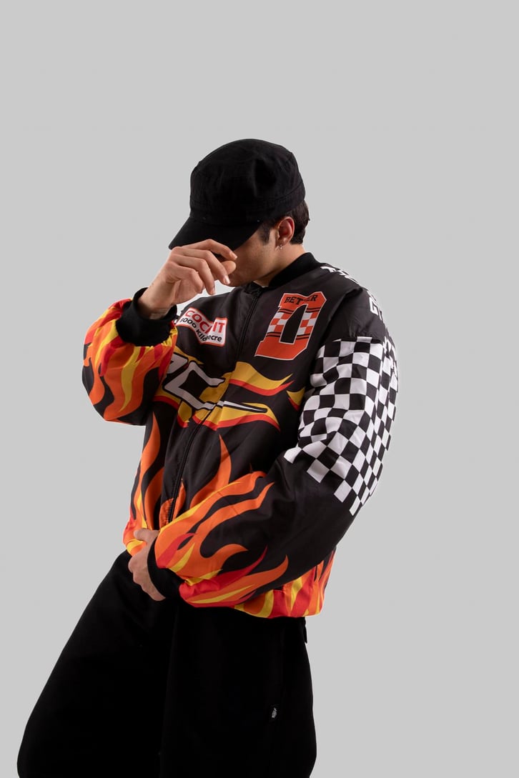 Speed Racing Baskılı Siyah Oversize Ceket