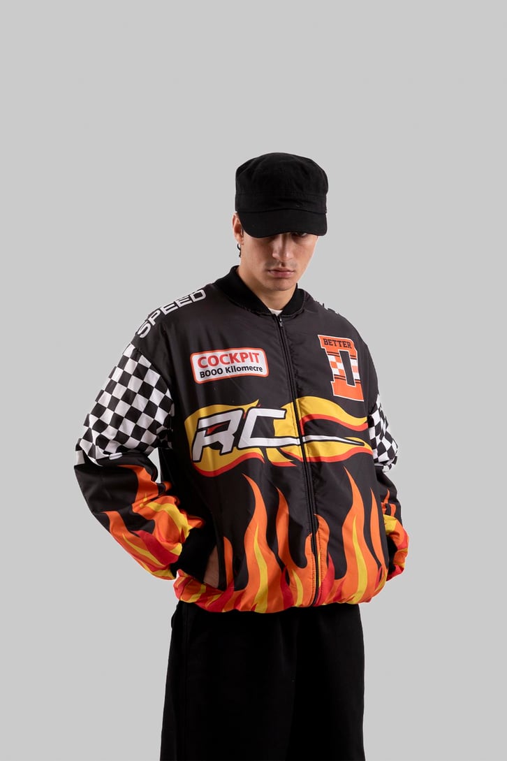 Speed Racing Baskılı Siyah Oversize Ceket