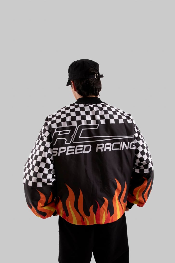 Speed Racing Baskılı Siyah Oversize Ceket
