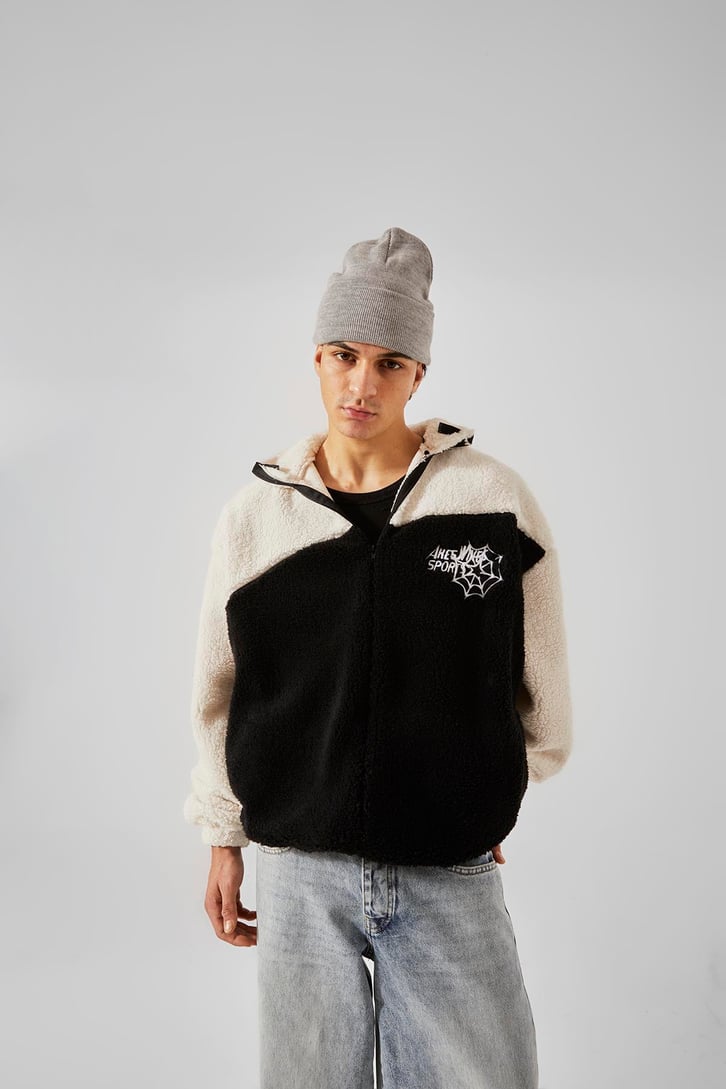 Spider Baskılı Peluş Siyah Oversize Hoodie