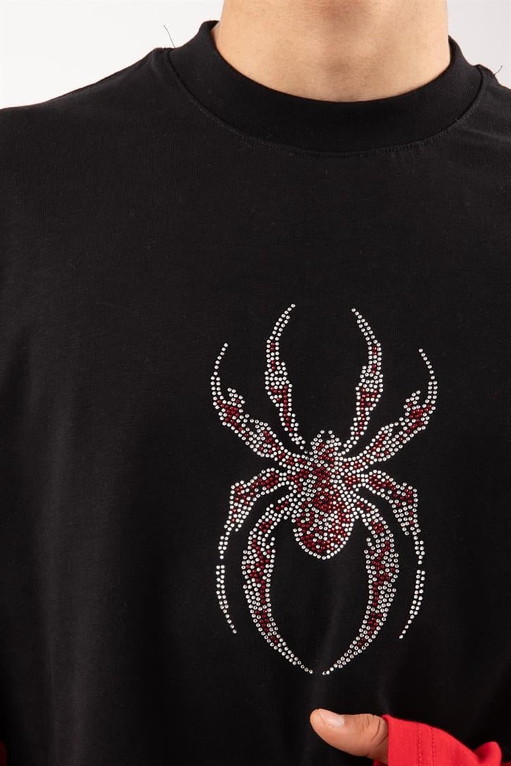 Spıder Baskılı Siyah Oversize Long Sleeve Tişört