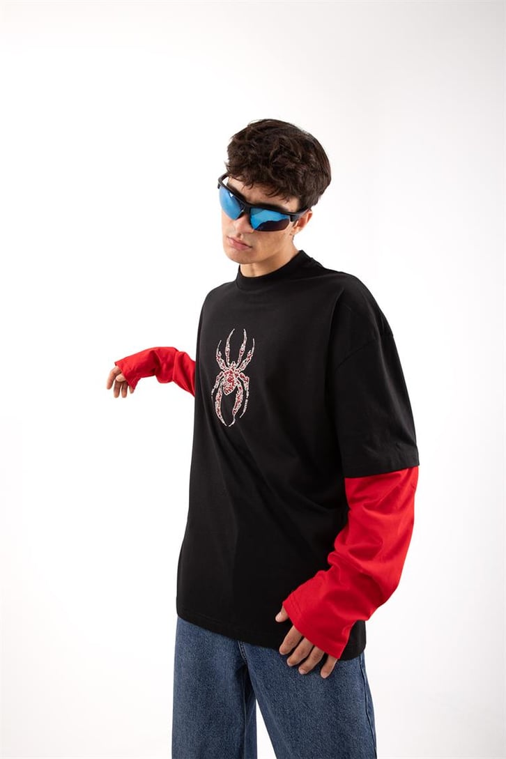 Spıder Baskılı Siyah Oversize Long Sleeve Tişört