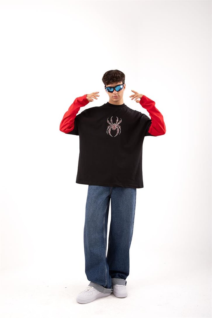 Spıder Baskılı Siyah Oversize Long Sleeve Tişört