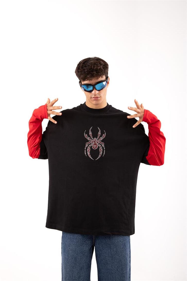 Spıder Baskılı Siyah Oversize Long Sleeve Tişört