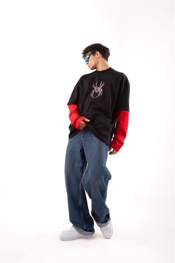 Spıder Baskılı Siyah Oversize Long Sleeve Tişört