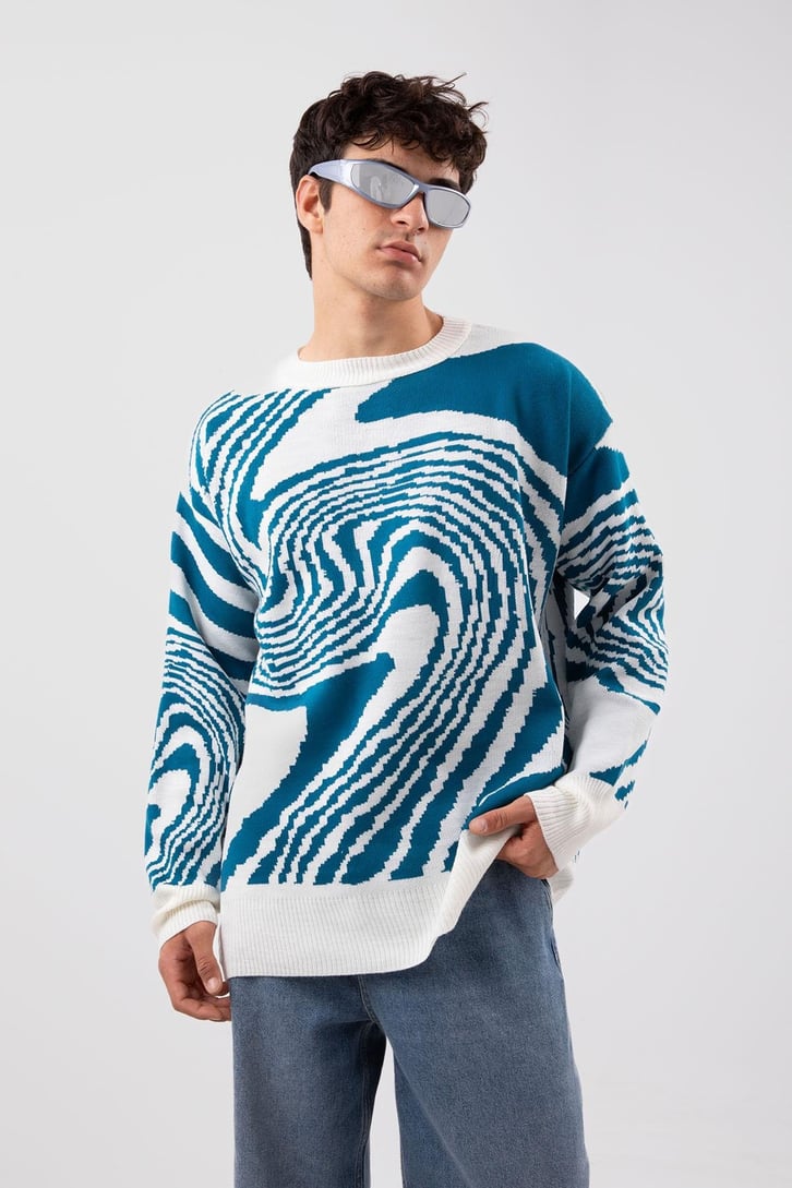 Spiral Desenli Siyah Triko Kazak