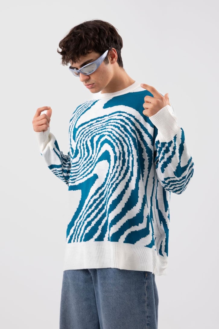 Spiral Desenli Siyah Triko Kazak