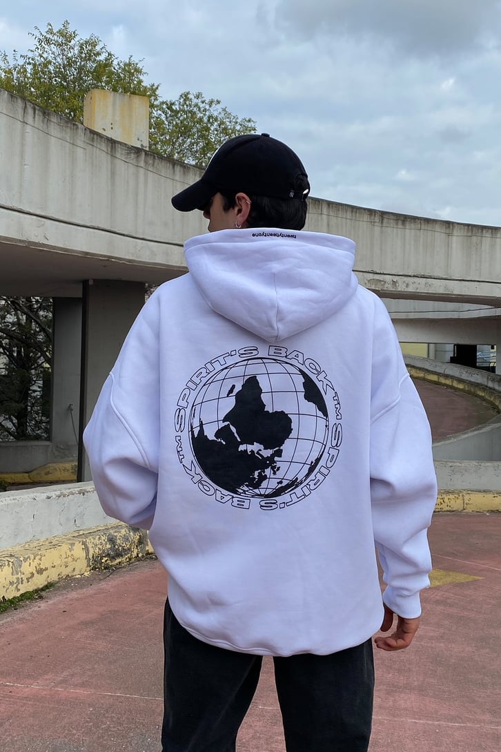 Spirit's Back Printed Oversize Beyaz Hoodie