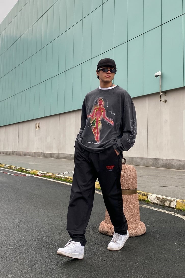 Sports Club Oversize Paraşüt Kumaş Siyah Losse Fit Pants