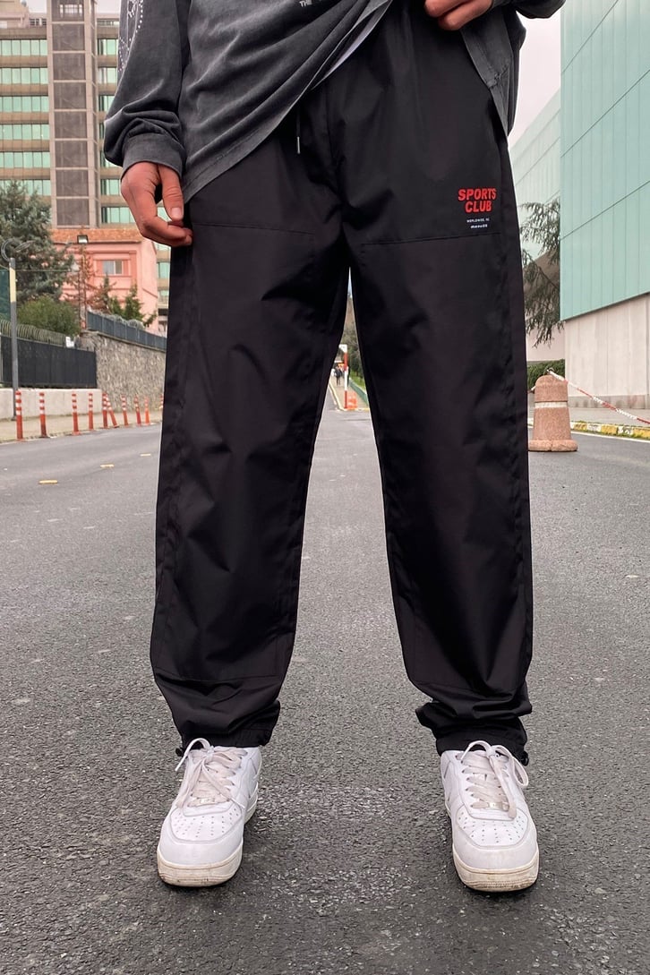 Sports Club Oversize Paraşüt Kumaş Siyah Losse Fit Pants
