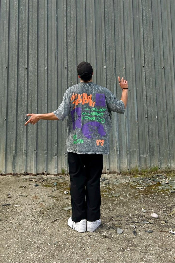 Spply Sırt Baskılı Acid Wash Oversize Tişört