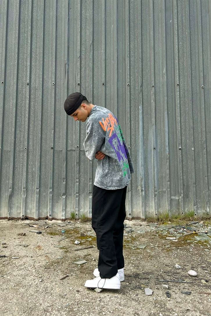 Spply Sırt Baskılı Acid Wash Oversize Tişört