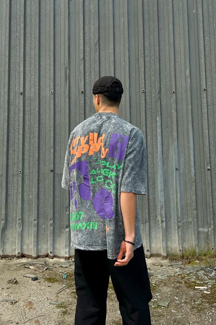 Spply Sırt Baskılı Acid Wash Oversize Tişört