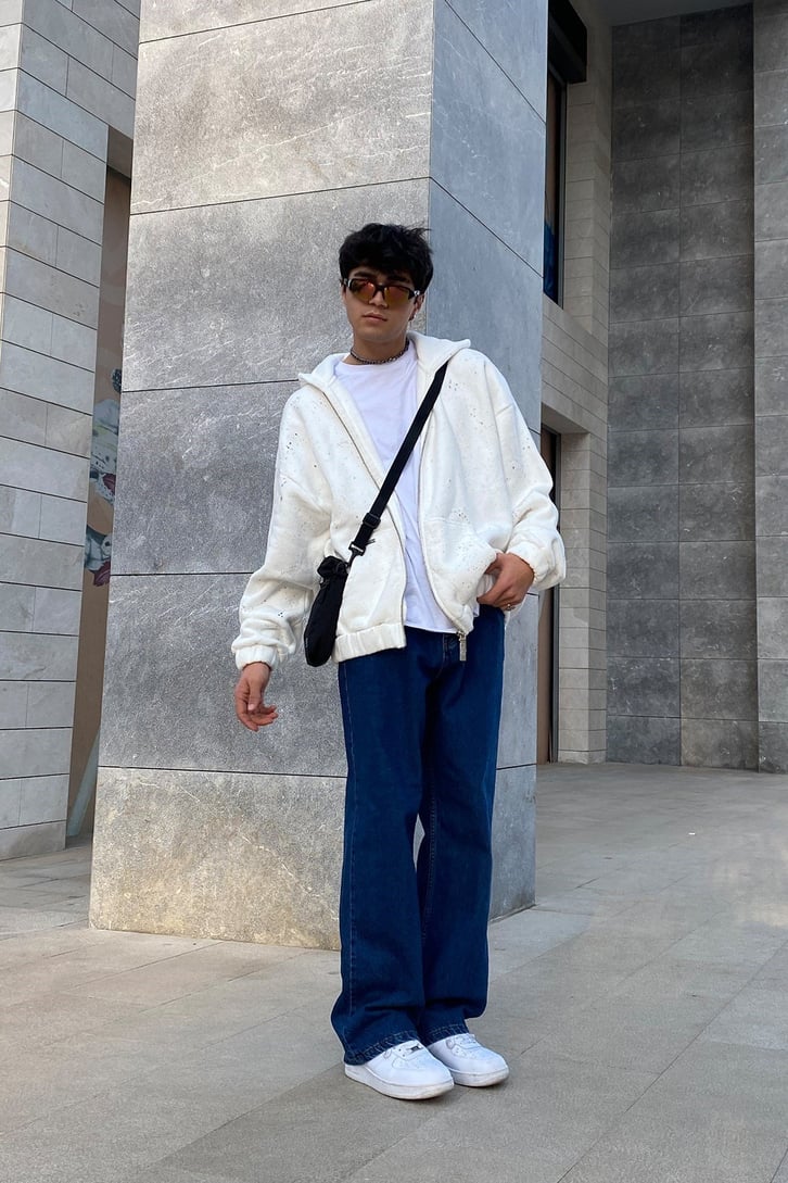 Spray Paint Oversize Zip-Up Ecru Hoodie