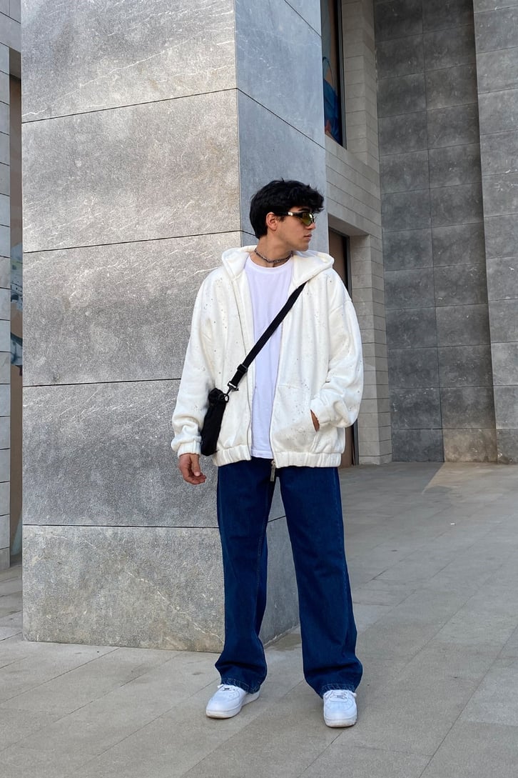 Spray Paint Oversize Zip-Up Ecru Hoodie